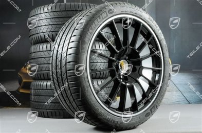 21" Komplet kół letnich, Cayenne SportPlus, felgi 10J x 21 ET50 + 10J x 21 ET45 + NOWE opony letnie Michelin 295/35 R21, z czujnikami ciśnienia, czarny wysoki połysk