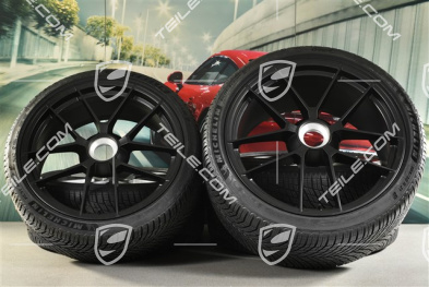 20"+21" Carrera GTS, koła zimowe, z centranym mocowaniem, komplet, felgi 8,5J x 20 ET50 + 11J x 21 ET82 + NOWE opony zimowe Michelin 245/35 R20 + 305/30 R21, z czujnikami ciśnienia, czarny satynowy półmat