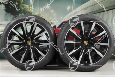 20" koła zimowe Taycan Tequipment Design, komplet, felgi 9J x 20 ET54 + 11J x 20 ET60 + NOWE opony zimowe Goodyear 245/45 R20 + 285/40 R20, czarny wysoki połysk