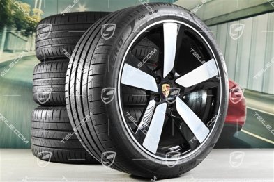 22" "Macan Sport" Sommerräder Satz, Felgen 9J x 22 ET29 + 11J x 22 ET47 + NEUE Goodyear Sommerreifen 255/40 R22 + 295/35 R22, in Schwarz Hochglanz