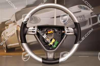 Alu-Look steering wheel, multifunction, black leather / galvano silver, for 6-speed manual transmission