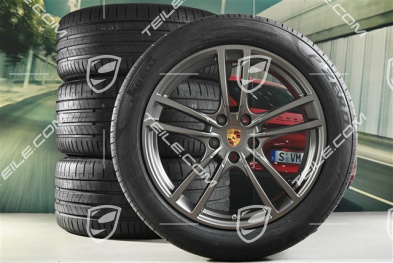 21-inch Cayenne Turbo summer wheel set, rims 9,5J x 21 ET46 + 11,0J x 21 ET49 + Pirelli P Zero summer tyres 285/40 R21 + 315/35 R21, Platinum satin matt
