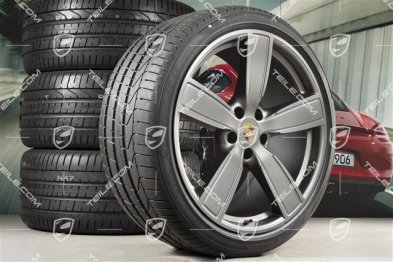 22" Cayenne Coupé Koła letnie Sport Classic, komplet, felgi 10J x 22 ET48 + 11,5J x 22 ET52 + NOWE opony letnie Pirelli 285/35 R22 + 315/30 R22, z czujnikami ciśnienia, Platinum satynowy półmat