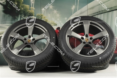 20" "Macan Sport" koła zimowe, komplet, felgi 9J x 20 ET26 + 10J x 20 ET19 + NOWE opony zimowe Pirelli 265/45 R 20 + 295/40 R 20, platinum satynowy półmat, z czujnikami ciśnienia RDK