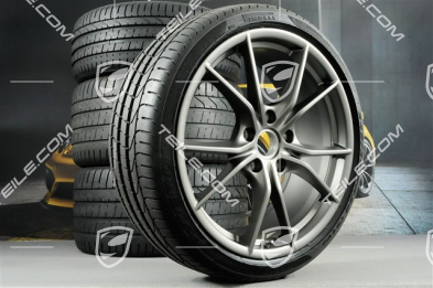 20" Carrera S (IV) Sommerräder Satz, Felgen 8,5 J x 20 ET49 + 11,5 J x 20 ET76 + NEUE Pirelli Sommerreifen 245/35 R20 + 305/30 R20, in Platinum (seidenglanz), mit RDK Sensoren