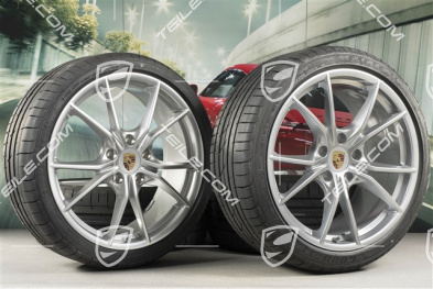20" Carrera S summer wheels set, rims 8J x 20 ET57 + 10J x 20 ET45 + NEW GoodYear summer tires 235/35 ZR20 + 265/35 ZR20, silver, with TPMS