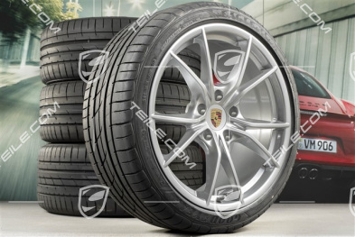 20" Carrera S summer wheels set, rims 8J x 20 ET57 + 10J x 20 ET45 + NEW GoodYear summer tires 235/35 ZR20 + 265/35 ZR20, silver, with TPMS