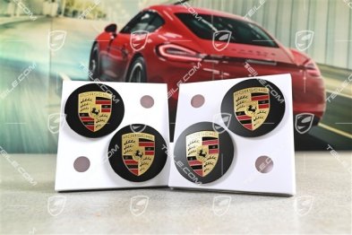 Center cap set (4 pcs.), convex, black satin matt, with coloured Porsche crest
