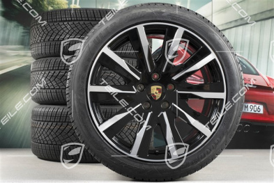 20" koła zimowe Taycan Tequipment Design, komplet, felgi 9J x 20 ET54 + 11J x 20 ET60 + NOWE opony zimowe Goodyear 245/45 R20 + 285/40 R20, czarny wysoki połysk