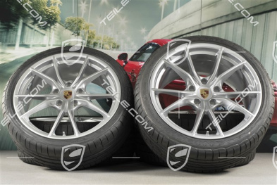20" Carrera S summer wheels set, rims 8J x 20 ET57 + 10J x 20 ET45 + NEW GoodYear summer tires 235/35 ZR20 + 265/35 ZR20, silver, with TPMS